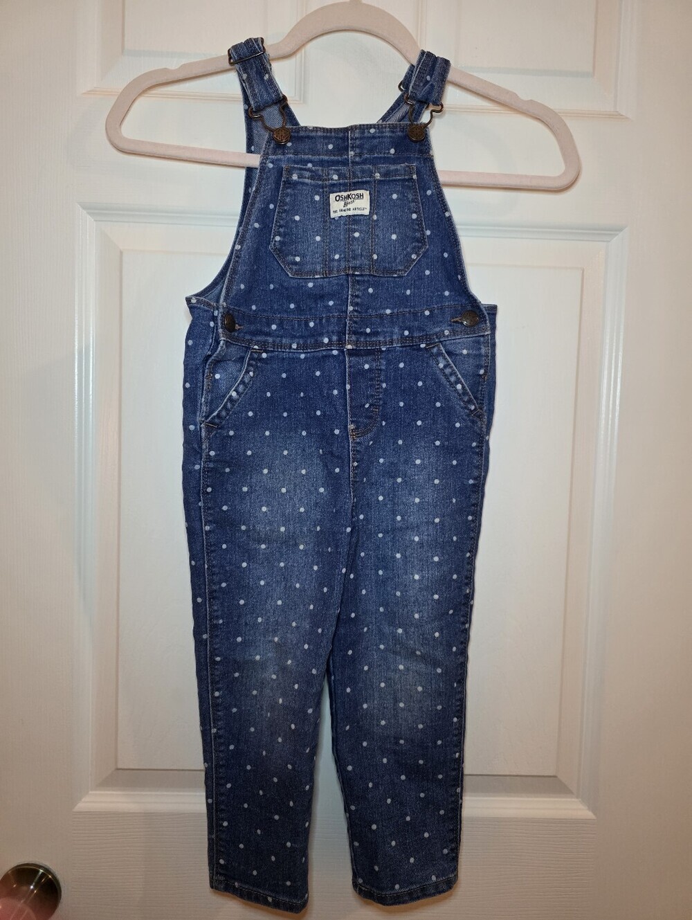 Oshkosh B'gosh 4T Overalls Polka Dot Denim Blue White Snap Bottom Pockets